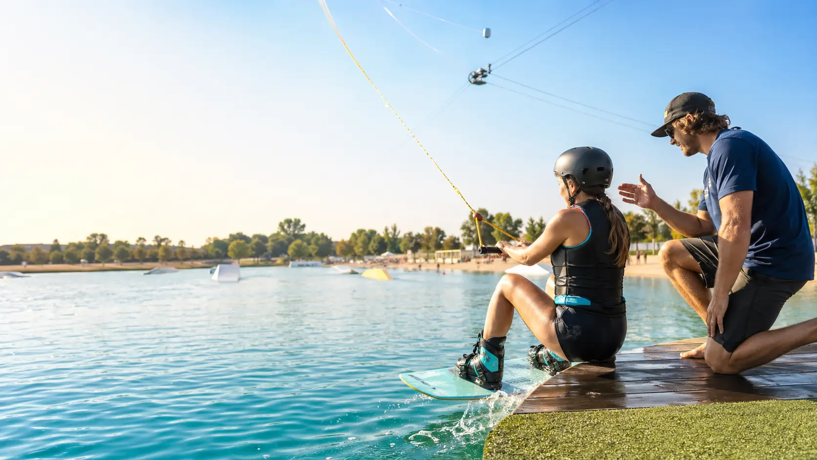 Wakeboarding dla początkujących – jak zacząć w Wake Parku koło Legnicy? 1 Początkująca osoba uczy się wakeboardingu pod okiem instruktora w Wake Parku koło Legnicy